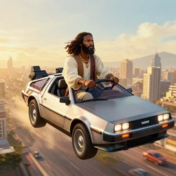 3 d vfx art of an african jesus jesus driving a flying delorean over lagos city in nigeria, art style by frank frazetta, ernie barnes & drew struzan, unreal engine render, digital illustration, sharp, intricate detail, global illumination, golden hour, ray tracing, back 2 the future, pinterest, artstation, behance