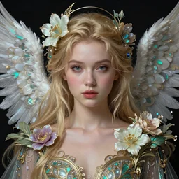 beautiful blonde young woman's face, magical, angelic wings, flowers, intricate, synth-wave, retrowave,  highly-detailed, elegant, dramatic lighting, gorgeous face, lifelike, photorealistic face, long luxurious intricate gown, digital painting, artstation,  illustration, concept art, smooth, sharp focus, art by Craig Russel, Barry Smith, artgerm, and Albert Aublet and Krenz Cushart and Artem Demura and Alphonse Mucha