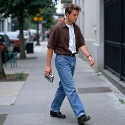 early 9 0 s cgi of a man walking on the sidewalk listening to his cassette player