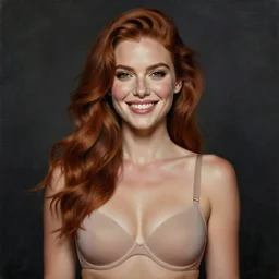 epic painting drawing, full portrait of a beautiful supermodel ( ( smiling lovingly ) ) in bras, long brown ( red ) wavy hair, photography by amy leibowitz, wlop, jeremy lipkin, beeple, intricate, symmetrical front portrait, artgerm, dark smoky background