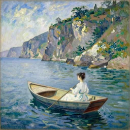 vintage beautiful painting of Jiafei on a boat in the middle of the ocean near the pear cliff side in Mary Cassatt style