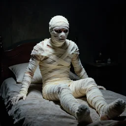 mummy rising from a bed in a dark room, horror, 1 9 8 5