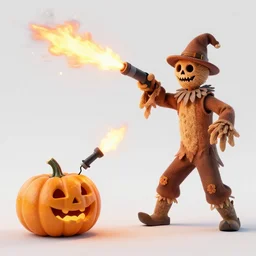 Pumpkins fighting Scarecrows with flamethrowers
