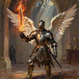 a knight in a hall with an angel wing holding a sword of fire, digital oil painting, style of John singer Sargent, heroic, cinematic, indoor, warm lighting, godrays,