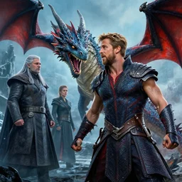 ryan gosling on a dragon fighting the night king at winterfell, high detail, elegant, digital painting, cinematic lighting, vibrant, intricate, textured skin, highly detailed, artstation, sharp, focus, hdr, unreal engine 5, breathtaking, illustration, anna dittmann, ilya kuvshinov, nikolay makovsky
