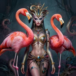 a detailed portrait of dreampunk flamingo python hybrid mix goddess by tomasz alen kopera and peter mohrbacher