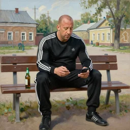 vin diesel in black adidas sport costume, as gopnik character, sitting on a bench with a bottle of beer and a smartphone, in the courtyard of a provincial russian town, intricate, oil on canvas, naturalism