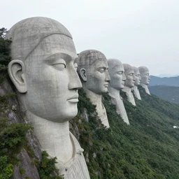 a series of gigantic weird concrete human integrated in the mountains, surrounded by vegetation, perspective shot from the sky, realistic, by origiful, 4 k