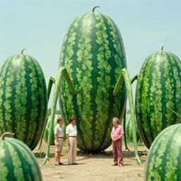 giant alien watermelons with big long legs. scorsese, wes anderson, kodachrome, fred herzog. epic view. cinestill film tones, by chesley bonestell, vincent di fate