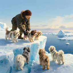 havanese dogs rescuing arctic explorers at the edge of an ice cliff, 1 9 0 0, tartakovsky, atey ghailan, goro fujita, studio ghibli, rim light, scary, afternoon lighting, clear focus, very coherent