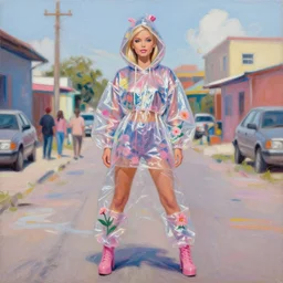 still from music video of barbie from die antwoord standing in a township street, wearing a trashbag hoodie garbage bag and flowers, street fashion, full figure portrait painting by martine johanna, ilya kuvshinov, rossdraws, pastel color palette, shiny plastic, spraypaint, detailed impasto brushwork, impressionistic, gene tierney