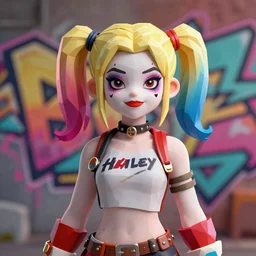 digital art, low poly 3d render of Harley Quinn but she's a beautiful young ape with long pony tails on either side of her head, illustration, comic, by James Jean, artgerm, octane render, by John Coltrane and Marc Simonetti, Manic, graffiti, kinemacolor, colorful, high detail of the face, full body
