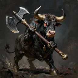 Bull zoomorph creature carrying a big two-handed axe, dark atmosphere, angry look, highly detailed, digital painting, Trending on artstation , HD quality, by Augusto Ferrer Dalmau, dramatic light, octane