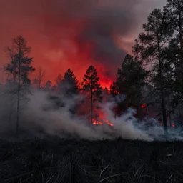 a photo in the middle of a forest fire, red and black sky, smoke on the floor, black grass, hd photo
