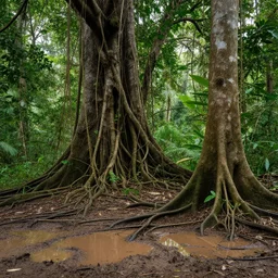 photo of a jungle with large trees and vines, mud, puddles, foliage, realistic
