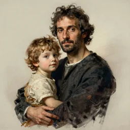 hyperdetailed maximalist half-lenght portrait of a father with son. mixed media collage in the style of Caravaggio and Raffaello. pastel tones. matte background.