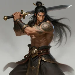 a highly detailed illustration of serious long haired tattooed asian tribal warrior man with short blade, heroic wielding blade pose, muscular, intricate, elegant, highly detailed, centered, digital painting, artstation, concept art, smooth, sharp focus, league of legends concept art, wlop.