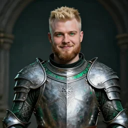 portrait, fantasy beardless chubby cleric with no beard, young adult, short in stature, no beard, short blonde! hair combover! hairstyle!, silver and emerald breastplate with religious engravings, clean shaven, green eyes, slightly smirking, style by donato giancola, wayne reynolds, jeff easley dramatic light, dungeons and dragons