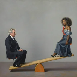 robert de niro and oprah winfrey on a see saw, an oil painting by ross tran and thomas kincade
