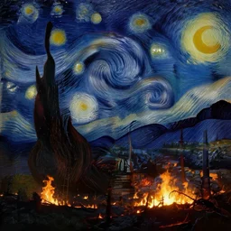 forest fires, wildfire, moon, lovecraftian style, light, starry night, by vincent van gogh, painting, volumetric light, uplight, global illumination, intricate, detailed, atmospheric lighting