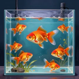 hypercolorful goldfish in a confusing aquarium, surrealist drawing