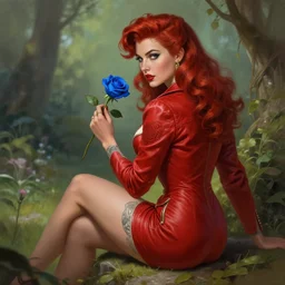 red jacket tattooed pinup sits on the garden holding a blue rose, deep focus, turnaround, fantasy, intricate, elegant, highly detailed, digital painting, artstation, concept art, matte, sharp focus, illustration, hearthstone, art by artgerm and greg rutkowski and alphonse mucha.