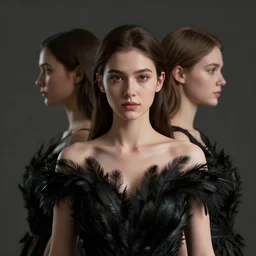 meredit frampton and craig mullins style : hight focus of a wonderful realistic focused sweet wonderful symmetrical mid portrait of a lonely very beautiful goddess with a clear skin, with a dress that is like a realistic black plumes, dramatic light, octane render, - 8 k