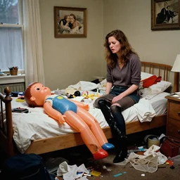 realistic detailed color kodachrome photo by linda eastman of bringing home a nice girl after a date into your messy apartment where she is disgusted to see your half - deflated blow - up girl doll at the foot of your bed, by mort drucker