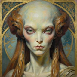 beautiful and exotic alien queen bust portrait, glowering judging eyes, art nouveau declotage, perfect symmetrical facial features, hyperrrealistic bone structure, extremely hyperdetailed, mixed media painting, unreal engine, 8 k, octane, 8 mm, by travis charest, rodney matthews and olivia de bernardinis