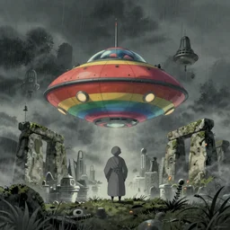 a realistic and atmospheric cell - shaded concept art from howl's moving castle ( 2 0 0 4 ) of a rainbow colored ufo landing on the ground. a grey monk is standing in a futurist sci - fi city that looks like stonehenge in a flooded rainforest. it is a misty starry night. very dull muted colors, hd, 4 k, hq
