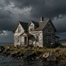 old house at the edge of the world, hyperdetailed, photorealistic, moody, surreal, creepy, atmospheric, lsd