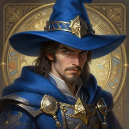 alexis ohanian as a wizard, blue wizard hat, deep focus, d & d, fantasy, intricate, elegant, highly detailed, digital painting, artstation, concept art, matte, sharp, illustration, hearthstone, art by artgerm and greg rutkowski and alphonse mucha