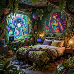an intricate concept art illustration of an undergrowth cozy bedroom, computer wires, digital art, photorealistic movie still, style ivan talavera and artgerm, anime style, colorful, hyper realistic, photorealistic, octane render, trending on artstation, cgsociety, cinematic light, 8 k