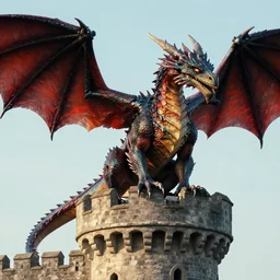 closeup portrait of a fantasy dragon standing on top of an ancient castle tower, cinematic, Lars Grant-West, Todd Lockwood , Wayne Anderson, hyper realism, high detail, octane render, high contrast, vibrant, trending on artstation, 8k
