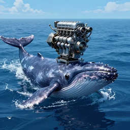 photograph of a cachalot whale with v 8 motor engine on top of its head, a cachalot and a diesel v 8 engine in the ocean, long shot, by modern artist, in the style of cyberpunk, fantastic