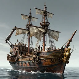 future cybernetic steampunk pirate ship with robotic arms