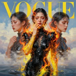 3 d, crying fashion model, flame, liquid black and yellow water, morning, vogue cover style, poster art, high detail, intricate oil painting, multiple exposure, heaven mood, hyperrealism, 3 d, by tooth wu and wlop and beeple and greg rutkowski