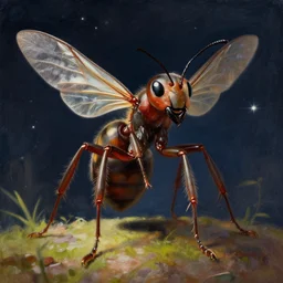 A detailed painting of an anthropomorphic  ant queen standing on her hind legs with large legs and a pair of insect wings looking forward, stars in the background,  formian pathfinder,  digital art 4k,  Wayne Barlowe Greg Rutkowski