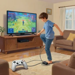 a painting of a kid accidentally stepping on a cable and ruining a video game match in his living room high details