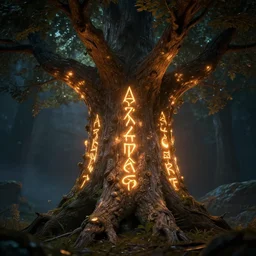 Glowing elven runes carved into a magic tree, dramatic lighting, cinematic, establishing shot, extremely high detail, foto realistic, cinematic lighting, post processed, concept art, high details, cinematic, 8k resolution, beautiful detailed, photorealistic, digital painting, artstation, concept art, smooth, sharp focus, artstation trending, octane render, unreal engine
