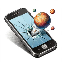 a mobile phone drawing, the screen is getting cracked and broken by a planet which is popping out, 4 d, detailed and intricate forty five degree isometric cross john berkey and vincent di fate and ralph mcquarrie, maurits cornelis
