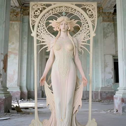 ancients feminine deity in a soviet abandoned temple, film still by david lynch, depicted by balthus, limited color palette, very intricate, art nouveau, highly detailed, lights by hopper, soft pastel colors, minimalist
