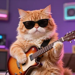 the fluffiest orange cat in the Universe, wearing sunglasses, playing guitar, synthwave style