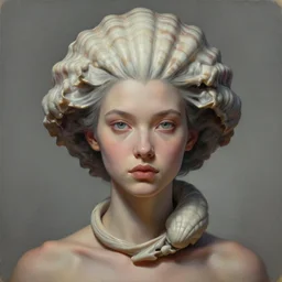 a detailed portrait beauty girl with a shell shaped hairstyle wrapping around her neck, wide painting by greg rutkowski and hr giger, zbrush, trending on artstation : 1 h 1 0 2 4