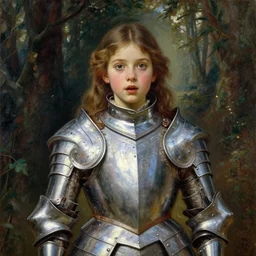 a detailed, beautiful portrait oil painting of a girl who looks an 1 8 - year old, with a surprised expression, wearing intricate, full - plate iridescent armor in an ancient forest, by donato giancola, alphonse mucha, and john williams waterhouse