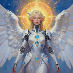 Shoulder level close up portrait of a seraphim angel from a neo solar punk future future metaverse cyborg tech techno angelic warrior by Mandy Jurgens, cartoon, oil painting , visionary art, symmetric, Heavenly symbols, holy halo, astral patterns, sci-fi