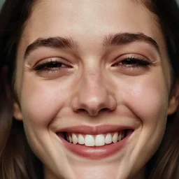 a candid extreme closeup portrait of an expressive face of a happy in tears young woman by annie leibovitz