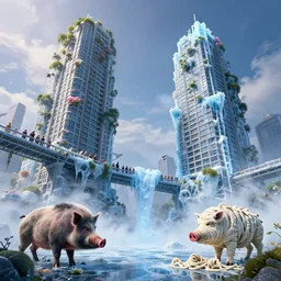 skybridge towers, prehistoric hell pigs, Cold as ice! 🧊, cinematic, hyper realism, high detail, octane render, unreal engine, 8k, vibrant color!, Corpse Bridegroom of the Spring, mephitic vapors, disposal mummy, by dom qwek and andrea chiampo