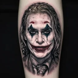 tattoo design of margot robbie with joker makeup, ace card, in the style of niki norberg, realistic face, black and white, realism tattoo, hyper realistic, highly detailed