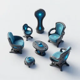 isometric furniture based on an alien aesthetic from planet pandora of Avatar from James Cameron, items have organic design and glow in the dark